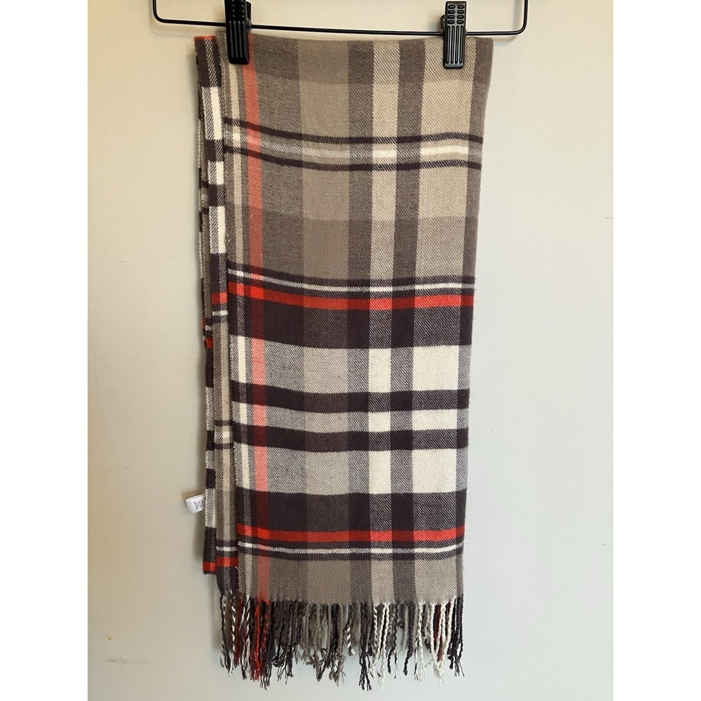 Gap Plaid Fringe Scarf Caribbean Sand Neutral Tan Gray Red 80" x 20"